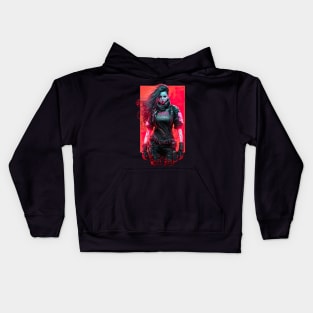 Cyberpunk Girl On Red Neon Background Kids Hoodie